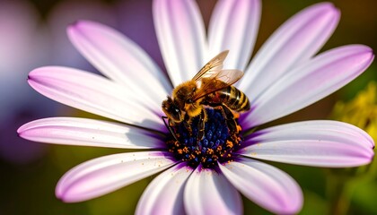 Honeybee on a vibrant, lavender-white daisy