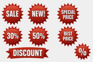 Red Starburst Discount Badges Set with Sale and Special Offer Labels