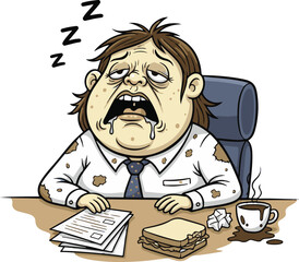A humorous cartoon illustration of a completely exhausted and overworked office employee sleeping at a messy desk, depicting professional burnout and fatigue