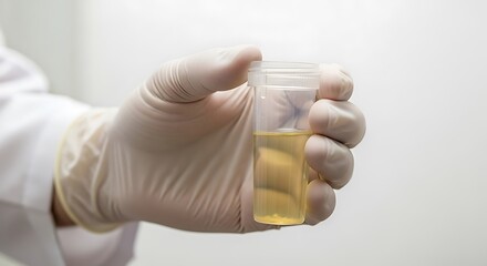 A clear plastic container holding a light yellow liquid is held by a gloved hand against a neutral backdrop.