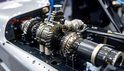 Fototapeta premium Close-up of complex engine gears and transmission components