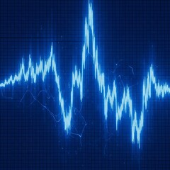 A dynamic, glowing chart displays fluctuating market trends in a dark blue backdrop, highlighting financial data through a visual representation of  market activity.