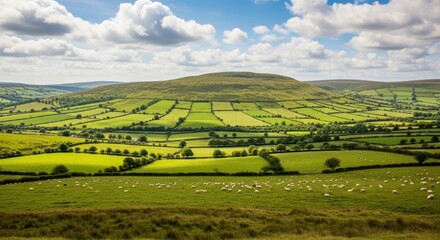 Obraz premium Lush green hills and sheep grazing under cloudy sky in serene countryside landscape
