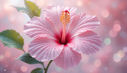 ai generator pink hibiscus flower with water drops in soft pastel tones for wedding invitation card design.