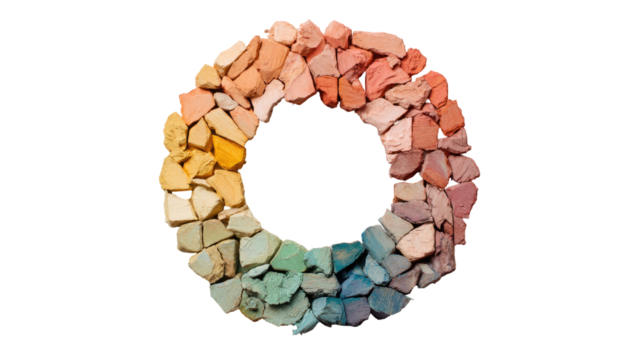 Circular arrangement of colorful, broken pieces of clay
