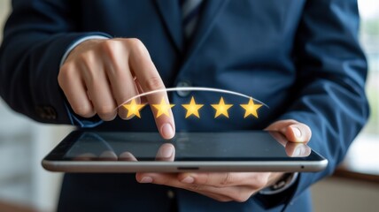 Digital Feedback: A business professional meticulously rates a service with a five-star rating, highlighting the importance of customer feedback. 