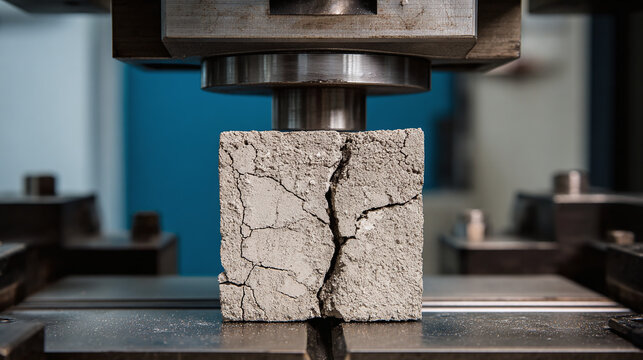Concrete cube on compression test within a universal testing machine, revealing a prominent crack. This process scrutinizes building material strength and structural integrity in civil engineering.