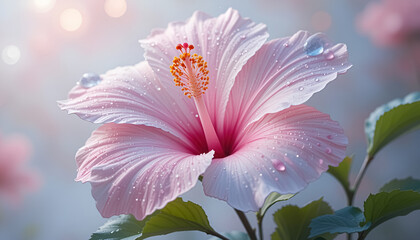 ai generator pink hibiscus flower with water drops in soft pastel tones for wedding invitation card design.