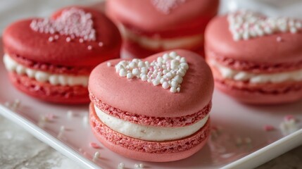 Fototapeta premium Heart-shaped macarons in pink hues sit on a white plate, adorned with sprinkles. These sweet treats are perfect for celebrations or gifting on special occasions.