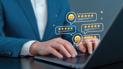 Digital Satisfaction: A close-up shot capturing the hands of a person typing on a laptop with a stream of digital interface showing rating system with smiley faces.