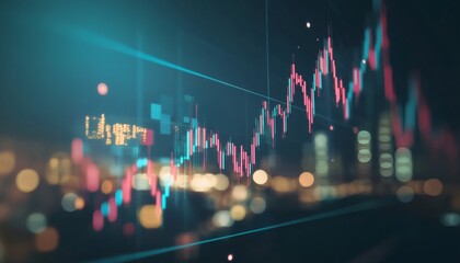 The illustration shows a candlestick chart with price fluctuations overlaid on a blurry cityscape at night, suggesting financial activity and urban environments.