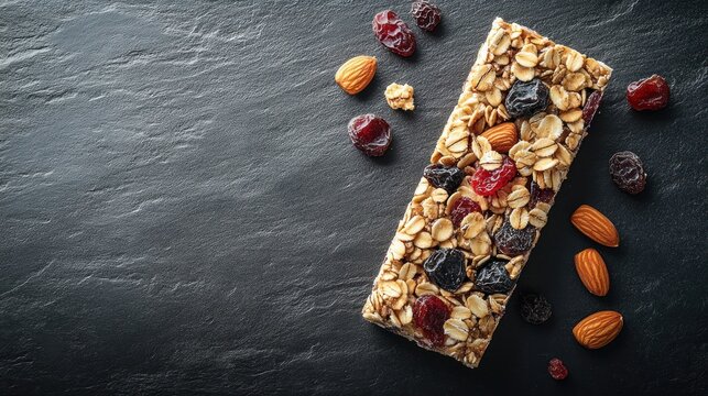Granola bar on dark stone - Powered by Adobe