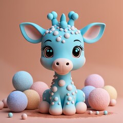 cute baby girl with unicorn on a blue background. 3d illustration