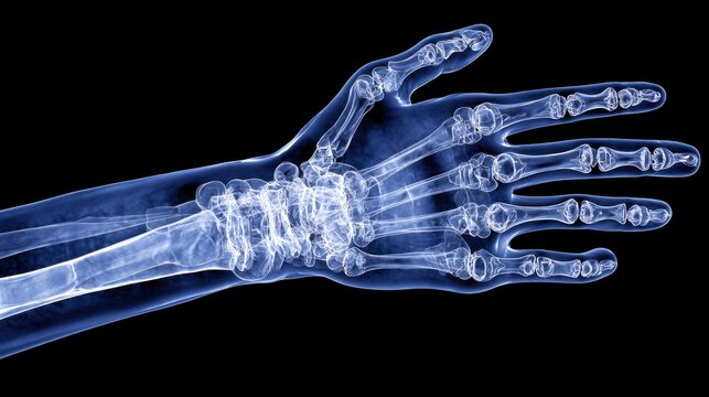 This visual representation displays a clear x-ray of a human hand, highlighting the intricate structure of bones and joints essential for movement and flexibility.