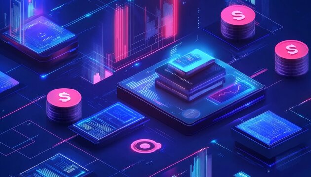 The illustration shows a futuristic digital financial system with glowing displays, microchips, and stacks of currency, representing digital transactions and data processing. - Powered by Adobe