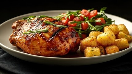 Fototapeta premium Grilled chicken breast with roasted potatoes and salad