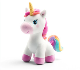 View of a unicorn toy with a rainbow mane on a white background