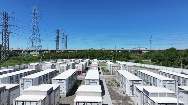 Aerial view of numerous white containers arranged on an open field