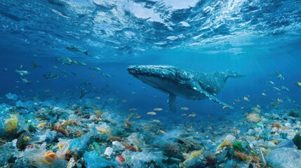 Fototapeta premium A humpback whale glides through a richly populated ocean environment, navigating among colorful fish and a disturbing amount of plastic waste.