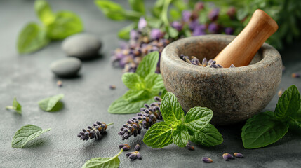 Obraz premium Herbal wellness concept with lavender, mint, and stone mortar on gray background