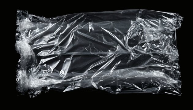 The image shows a clear plastic sheet, exhibiting wrinkles and folds, displayed against a pure black backdrop.
