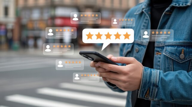 Customer review: An individual in the bustling cityscape is engrossed in a digital customer review with a smartphone, with star ratings floating above in a visual representation of digital feedback. 
