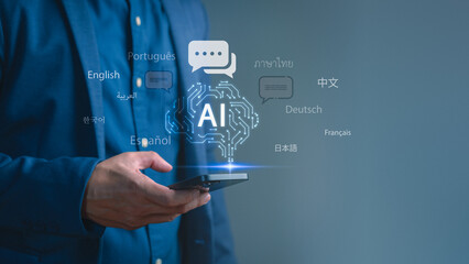 Man holding smartphone with glowing AI icon and multiple world languages, representing artificial intelligence translation, global communication, multilingual technology, and digital innovation.