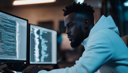 A young man with dreadlocks is sitting and looking at two computer screens filled with lines of code.