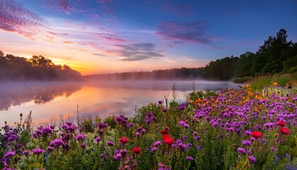 Fototapeta premium A Tranquil Sunrise Over A Misty Lake Adorned With Colorful Wildflowers Creating A Serene And Picturesque Landscape That Inspires Peace And Reflection