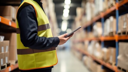 A warehouse worker wearing a yellow safety vest, holding a tablet, standing in front of a warehouse aisle with shelves filled with cardboard boxes.