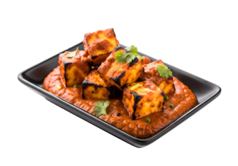 Grilled paneer tikka cubes in a rich, spicy tomato-based sauce, presented on a dark rectangular plate against a black background.