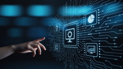 Digital Interface: A close-up of a hand interacting with a modern digital interface, highlighting advanced technological concepts.