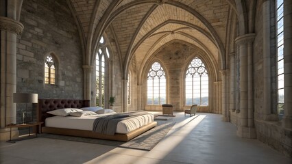 A luxurious modern bed sits within a grand Gothic room, sunlight streaming through the tall arched windows, highlighting the stone walls and vaulted ceiling.
