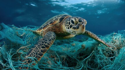 Obraz premium A sea turtle glides through clear blue water, struggling with fishing nets and plastic debris. Sunlight shines through the surface, illuminating the marine life beneath.