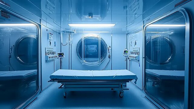 Modern hyperbaric chamber interior with a bed, medical equipment, and blue ambient lighting