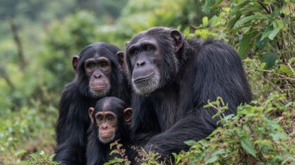 Three chimpanzees, including a large adult and a small juvenile, sit closely together in dense green foliage, enjoying a peaceful afternoon. Their expressions show curiosity and tranquility.