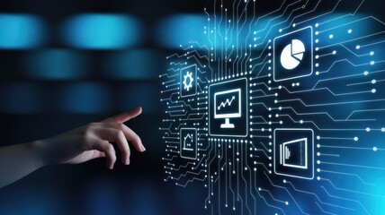 Digital Era Interface: A futuristic display of interconnected icons, emanating a sense of technological innovation and digital intelligence. A hand interacts with the advanced.