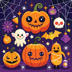 Cute Halloween decorations with pumpkins bats and spiderwebs