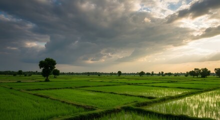 Serene Sunset over Lush Green Rice Paddies under Dramatic Sky