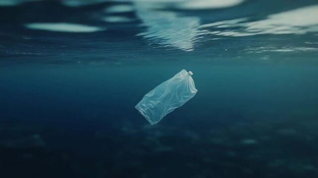 Single plastic bag floating underwater, highlighting ocean pollution, environmental threat, and importance of clean water and nature.