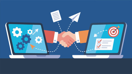 Illustration of two separate laptops showing a strong handshake symbolizing partnership vector design template