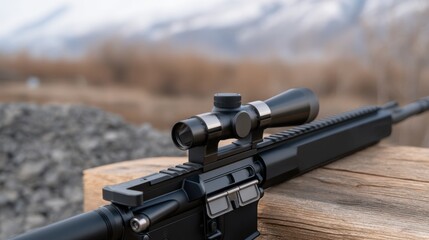 Obraz premium Compact Battery Unit Attached to Rifle Rail with Scope in Outdoor Setting Behind Mountain