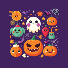 Naklejka premium Cute Halloween decorations with pumpkins bats and spiderwebs
