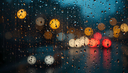 Raindrops on a window with blurred city lights in the background creating an abstract pattern