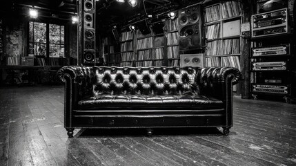 Black leather sofa in a room filled with vinyl records.