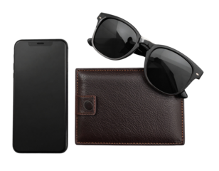 Luxury Smartphone with Sunglasses and Wallet isolated on transparent background PNG