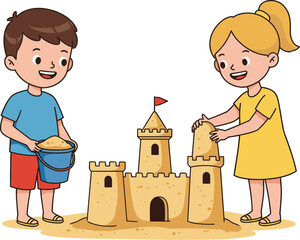 Happy Kids Building Sandcastles at the Beach with Sand Bucket and Shovel, Flat Cartoon Vector Illustration Isolated on White.