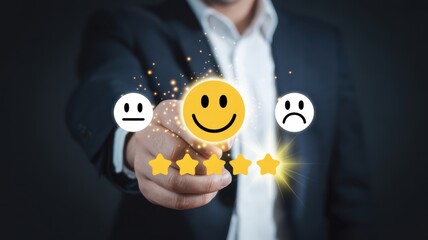 Customer Satisfaction Evaluation: A businessman holds a vibrant emoji representing the positive experience feedback in a digital representation of assessing customer feedback.