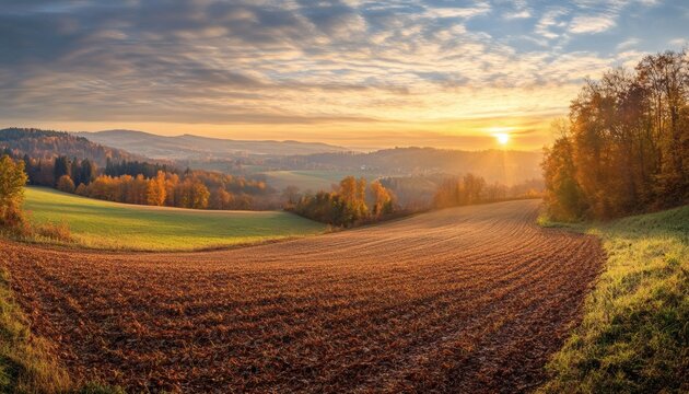 A panoramic view shows a plowed field, green pastures, and autumnal trees at sunrise, with sun rays illuminating the landscape. - Powered by Adobe