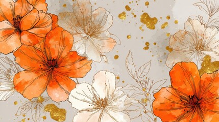 Bright and vibrant flowers in orange and white bloom against a soft background, adorned with golden splashes creating an artistic and cheerful atmosphere.